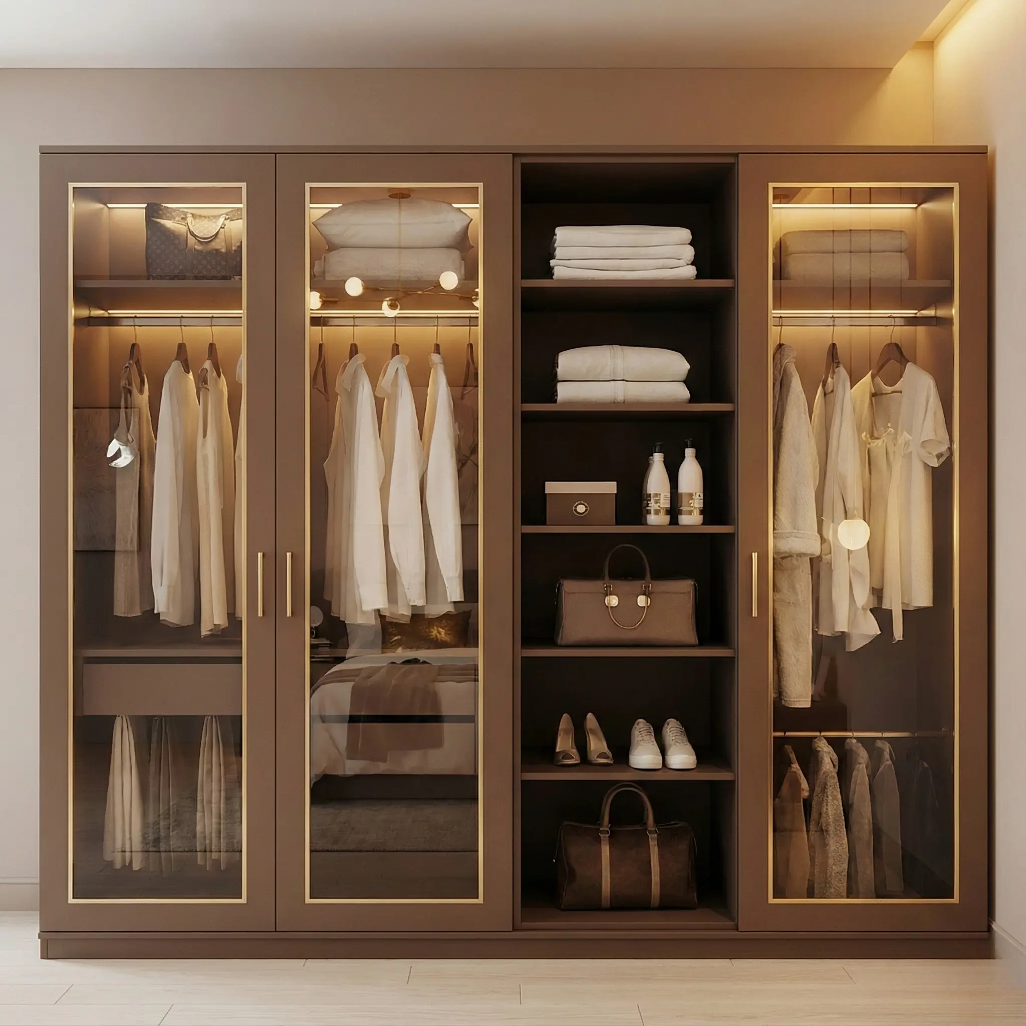 غرفة نوم مودرن بتصميم فاخر بألوان بني وذهبي