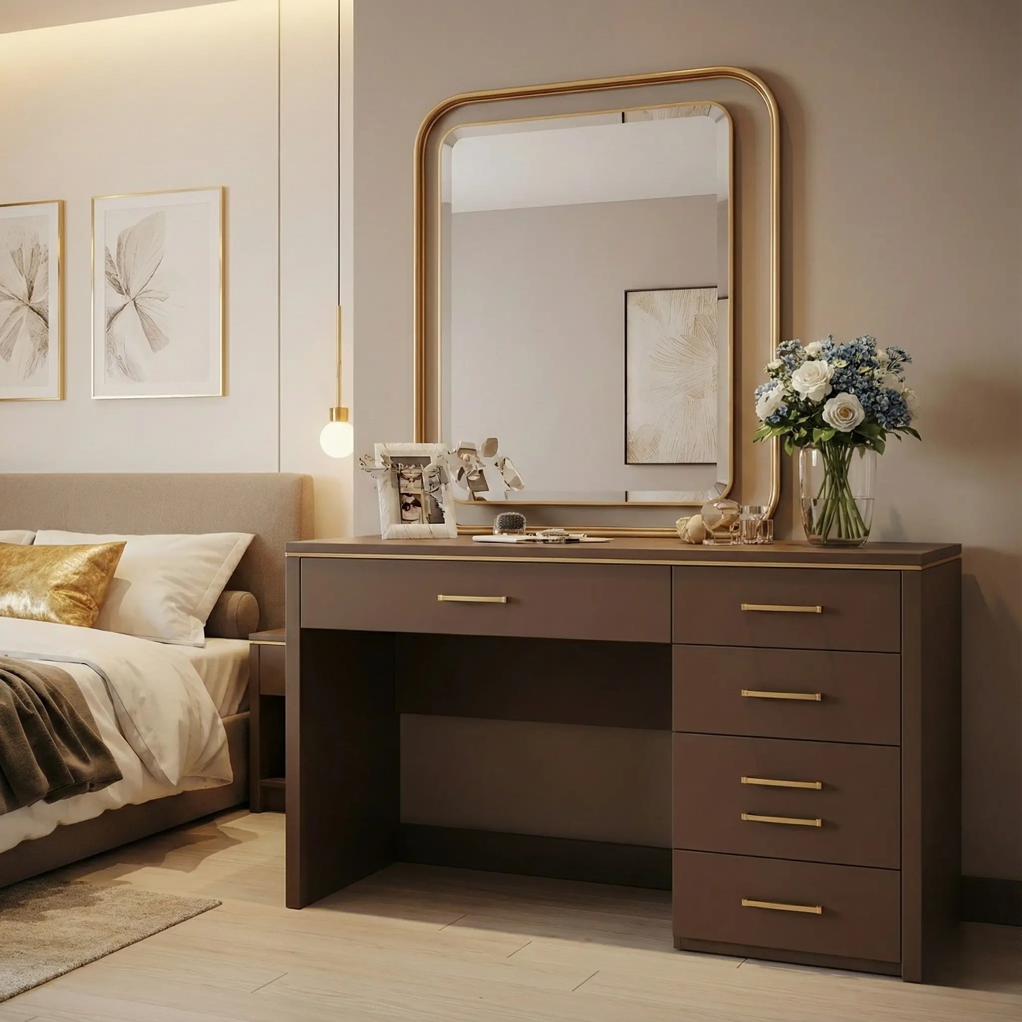 غرفة نوم مودرن بتصميم فاخر بألوان بني وذهبي