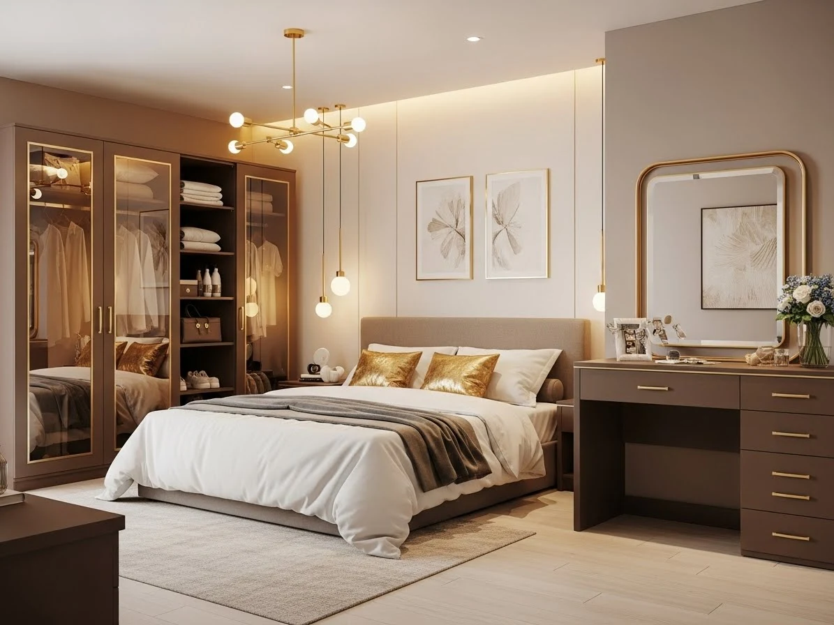 غرفة نوم مودرن بتصميم فاخر بألوان بني وذهبي